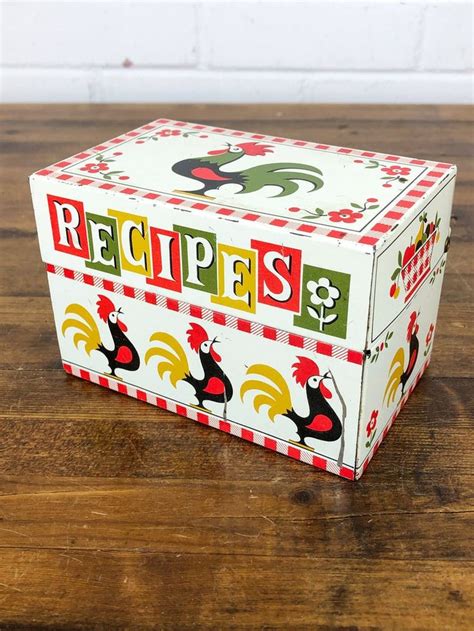 red metal recipe box with a rooster on it|Vintage STYLECRAFT ROOSTER TIN / Metal RECIPE BOX / .